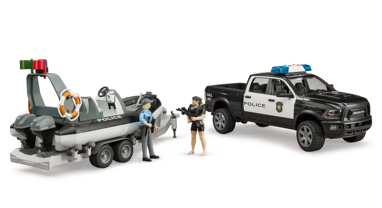 zabawki bruder, Dodge Policyjny z łodzią i figurkami